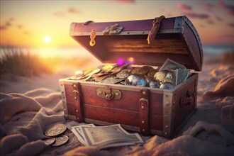Treasure chest filled with coins and banknotes on the sandy beach at sunset