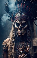 A dark-skinned Indian shaman woman with skull mask and ritual clothing