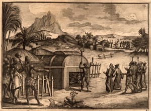 Native Americans welcome two European monks to a settlement. Includes woven grass dwellings