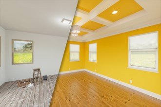 Bold yelllow before and after of master bedroom showing the unfinished and renovation state complete with coffered ceilings and molding