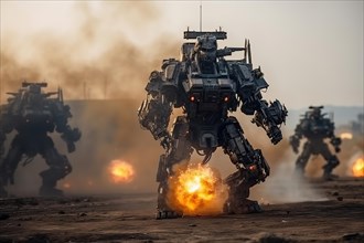 Fictional humanoid AI fighting robot on a battlefield of a settlement