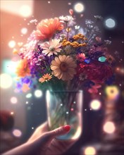 A hand holding a large bouquet of flowers in a glass vase