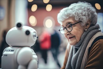 Cute care robot talks to a white-haired old lady in a public space