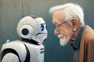 Nursing robot talks to a white-haired old man in a retirement home