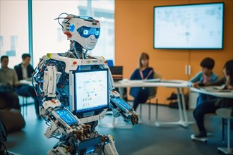 A humanoid AI robot with monitor as a futuristic teacher in a school class