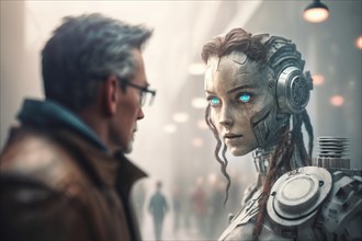 Artificial intelligence as a scary humanoid female robot talks to a man on the street