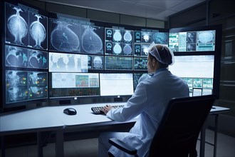 A doctor in a hospital evaluating AI-assisted medical tumour diagnoses on large screens