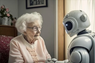 Nursing robot talks to a white-haired old lady in a retirement home