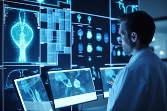 A doctor in a hospital evaluating AI-assisted medical diagnoses on large screens