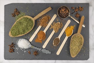 Various spices on different spoons
