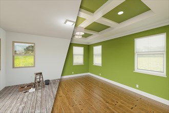 Bold green before and after of master bedroom showing the unfinished and renovation state complete with coffered ceilings and molding