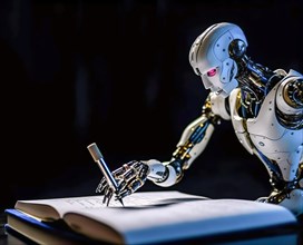 A humanoid AI robot writes in a book with a pen