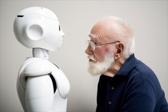An elderly man looks sceptically at a nursing robot