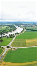 Aerial view of the river bend near Osterhofen with a view of the Danube near Muehlham. Osterhofen