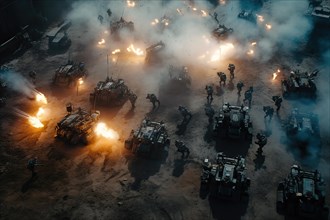 Fictional AI combat robots tanks and soldiers in action on a scorched battlefield
