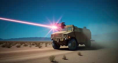 Military vehicle fires laser gun at a target