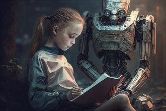 Young girl learning in the presence of artificial intelligence as a humanoid robot