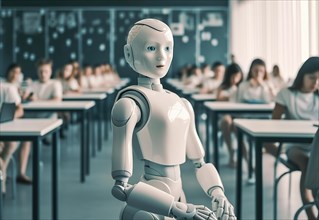 A female humanoid AI robot teacher teaching a school class