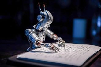 A humanoid AI robot reads information from a sheet of paper