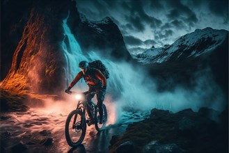 Mountain biker at night in the mountains against a waterfall and mountain backdrop