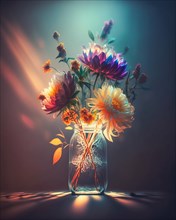 A large bouquet of flowers in a glass vase