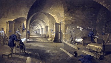 Interior view of Fort Nicholas with living quarters and arched passageway