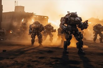 Fictional AI fighting robots on a battlefield of a city