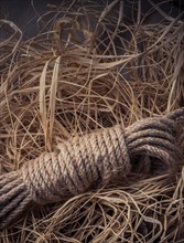 Bundle of linen rope in a straw background