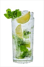 Tall glass of cold non-alcoholic mojito lemonade isolated on white background