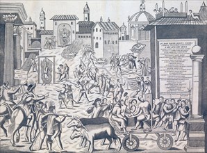 Torture and execution of alleged plague carriers in Milan. Engraving of the torture and execution of alleged plague carriers in. Work ID: kgj32hp6