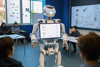 An AI humanoid robot with monitor as a teacher in a school class
