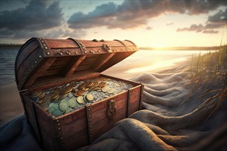 Treasure chest filled with gold coins on a sandy beach at sunset