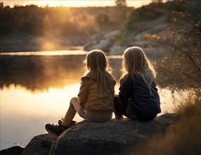 Two young girls with long blond hair sitting in the evening light on a steaming riverbank at sunset