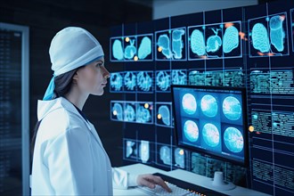 A doctor in a hospital evaluating AI-assisted medical diagnoses on large screens