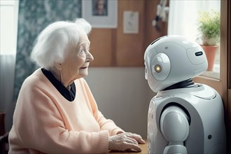 Nursing robot talks to a white-haired old lady in a retirement home