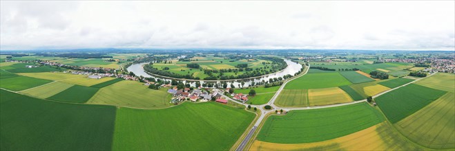 Aerial view of the river bend near Osterhofen with a view of the Danube near Muehlham. Osterhofen