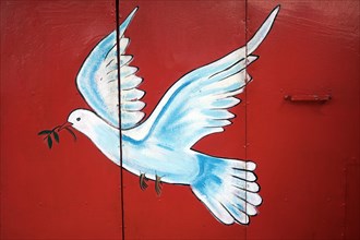Red Shutter Painted with a Dove of Peace