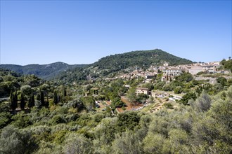 View of mountain village Valldemossa with typical stone houses