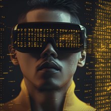 Man with data glasses for artificial intelligence stands in front of a data stream