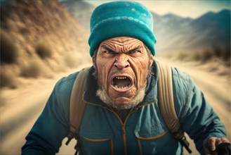 Angry screaming hiker in mountain landscape