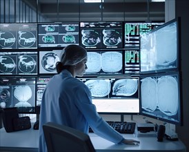 A doctor in a hospital evaluating AI-assisted tumour diagnostics on large screens