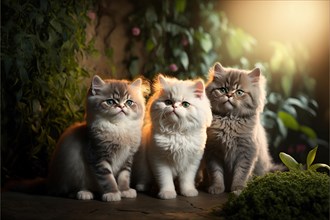 Three furry young cute kittens in a flower garden