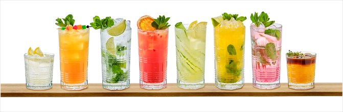 Set of multicolored summer refreshing soft drinks on white background