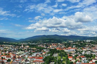 Aerial view of Deggendorf with a view of the historic old town. Deggendorf