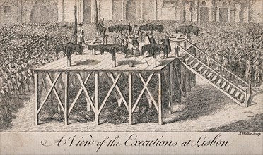 A large crowd surrounds a platform where the victims are tortured with the help of racks and crosses. The victims are Jesuits suffering from the expulsion of their order from Portugal in 1759. One vic...