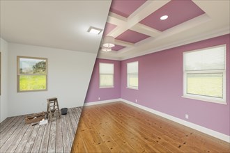 Lilac before and after of master bedroom showing the unfinished and renovation state complete with coffered ceilings and molding