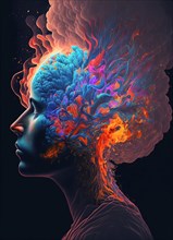 Illustration of a womans head in bright colours with massive neuronal activity of the brain and central nervous system Illustration
