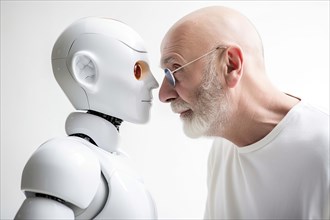 An elderly man is sceptical about a robot