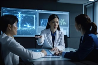 An Asian female scientist explains AI-assisted medical research results to her colleagues in a hospital