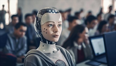A female humanoid AI robot in a lecture in the back Students at tables